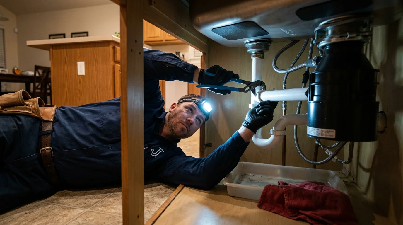 P-trap and supply line connections under a kitchen sink showing a common leak point in Rome, NY